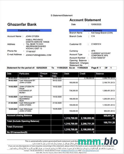 Afghanistan Da Afghanistan wzór wyciągu bankowego w formacie Excel PDF